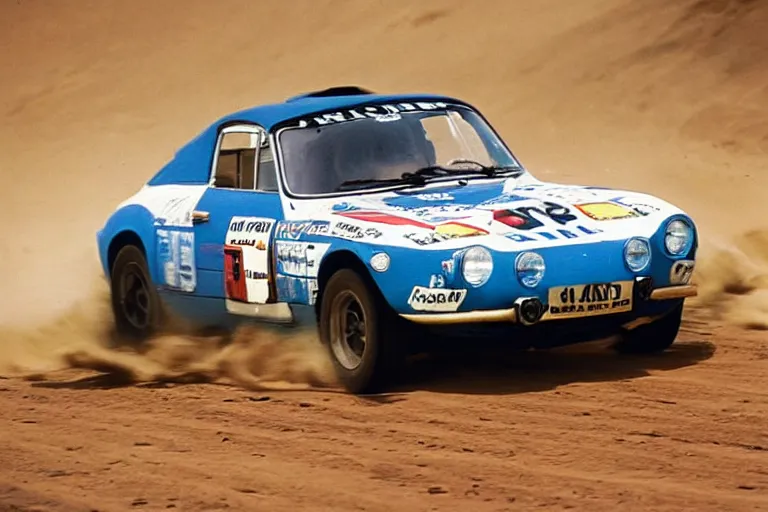 Image similar to 1 9 6 9 alpine a 1 1 0, dakar rally footage, speed, the thing