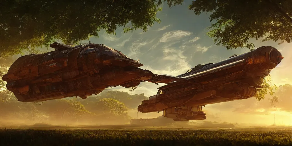 Prompt: a futuristic rusty old spaceship, on a landing pad, surrounded by a lush jungle, , golden hour, sun beams, volumetric light, hyperdetailed, artstation, cgsociety, 8k