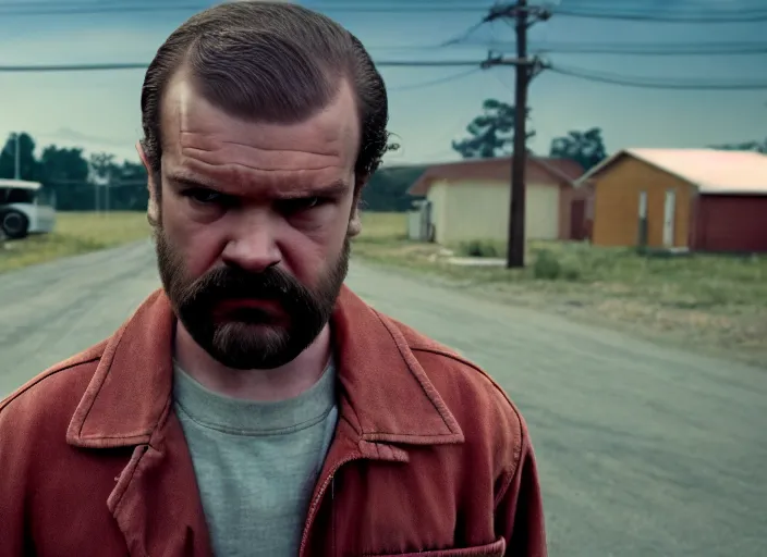 Image similar to film still of jim hopper as dustin henderson in stranger things, 8 k