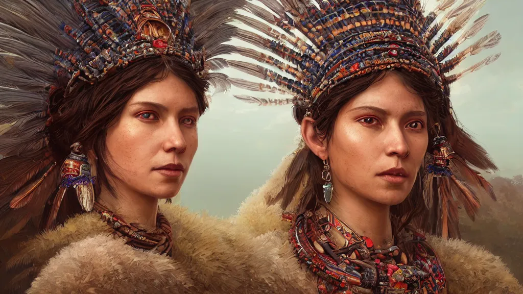 Image similar to highly detailed portrait of a n indigenous woman, feathered headdress, traditional clothing, unreal engine, fantasy art by greg rutkowski, ferdinand knab, makoto shinkai and lois van baarle, ilya kuvshinov, rossdraws, tom bagshaw, global illumination, radiant light, detailed and intricate environment