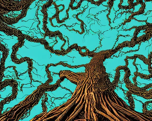 Prompt: An illustration of a massive, tall, rich tree, low angle, looking up, complex tangled vines, digital art, illustrated by Dan Mumford