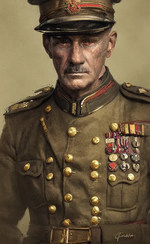 Prompt: Portrait of a WWI general, male, detailed face, 20th century, highly detailed, cinematic lighting, digital art painting by greg rutkowski