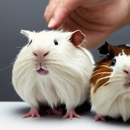 Image similar to Realistic guinea pigs with human hands in a white room