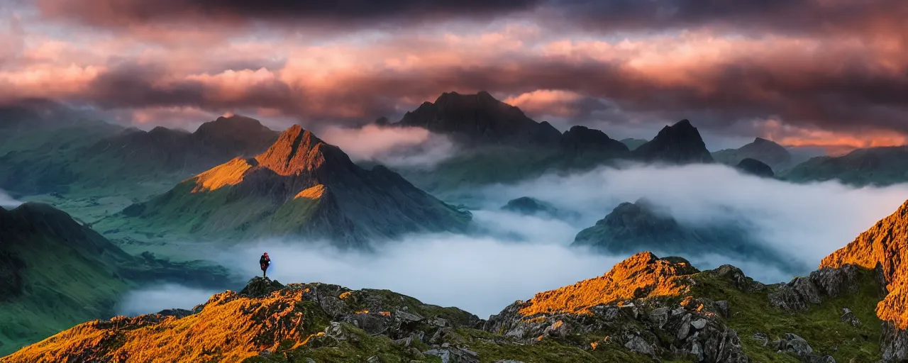 Image similar to Crib Goch!!!!!!!!!!! ridge, rays, epic, cinematic, photograph, atmospheric, dawn, golden hour, sunrise, purple golden blue sky clouds