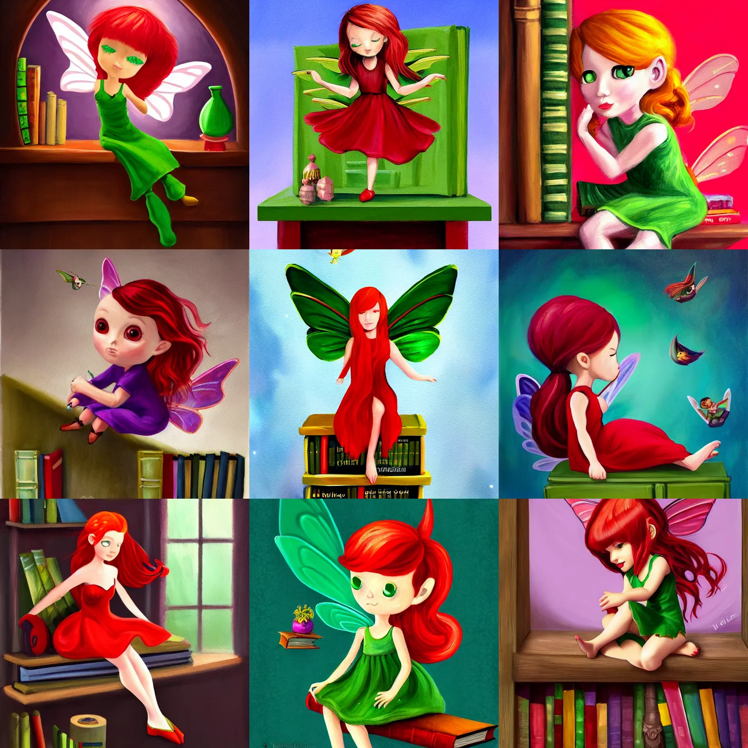 Prompt: a painting of a tiny fairy flying sitting on a bookshelf, ((((library interior)))), red hair, green dress, concept art by Kaja Foglio, behance contest winner, vanitas, official art, poster art, concept art