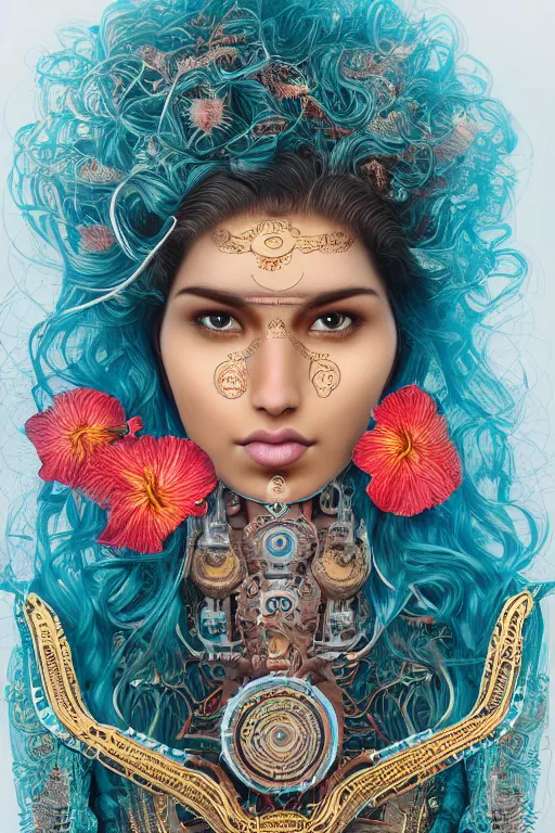 Image similar to a beautiful intricate fine art portrait photo of an indian cyborg with bionic implants, epic wavy hair spread out around her lined with white hibiscus, lying on a mandala, by natalie shau and james christensen, masterpiece!, turquoise blue face, mechanical robot body, top view, studio lighting, golden ratio composition, 3 5 mm lens, deep depth of field, artstation, 8 k