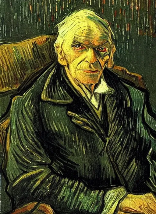 Prompt: lifelike oil painting portrait of ebenezer scrooge by van gogh