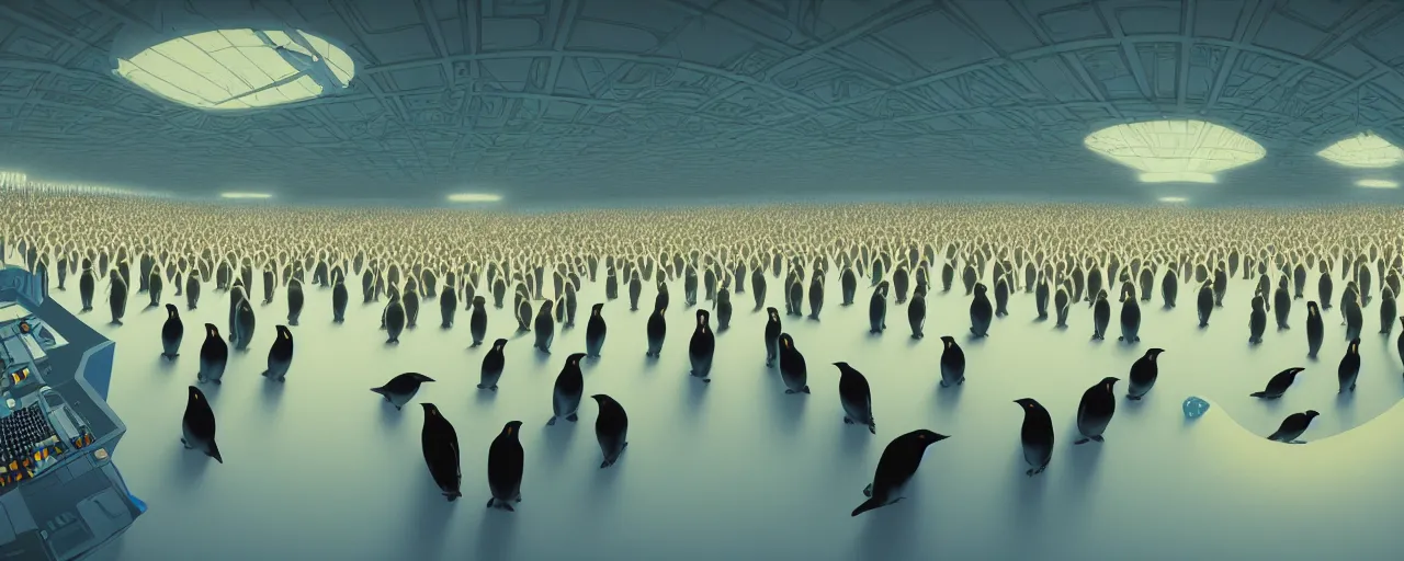 Image similar to duotone concept illustration wide angle of many emperor penguins in scifi computers room. cinematic scene. volumetric lighting. golden ratio accidental renaissance. by sachin teng and sergey kolesov and ruan jia and heng z. graffiti art, scifi, fantasy, hyper detailed. octane render. concept art. trending on artstation