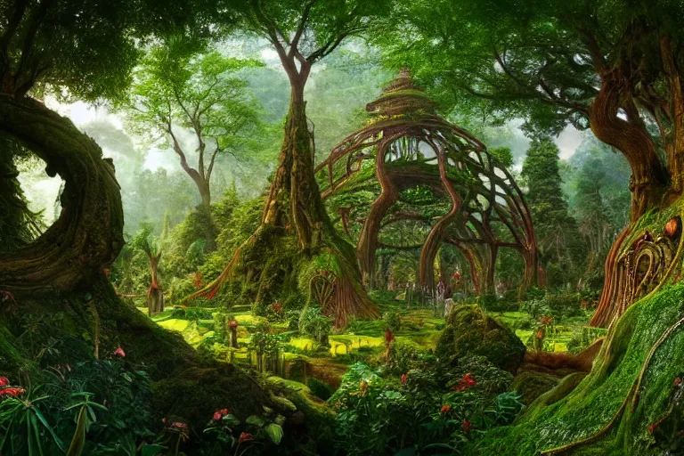 Prompt: a beautiful and highly detailed digital painting of an elven structure in a lush forest in a beautiful valley, psychedelic, trees and plants and flowers, celtic, intricate details, epic scale, 8 k, sharp focus, photorealism, artstation, cgsociety, by caspar friedrich, albert bierstadt, james gurney, brian froud,