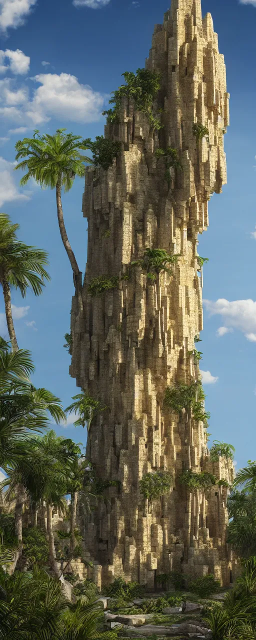 Image similar to single tower, golden babylon tower, beight stone, sacred ancient architecture, hanging gardens, cascading highrise, arid mountains with lush palm forest, sunlight, post - production, octane, cgi, sfx