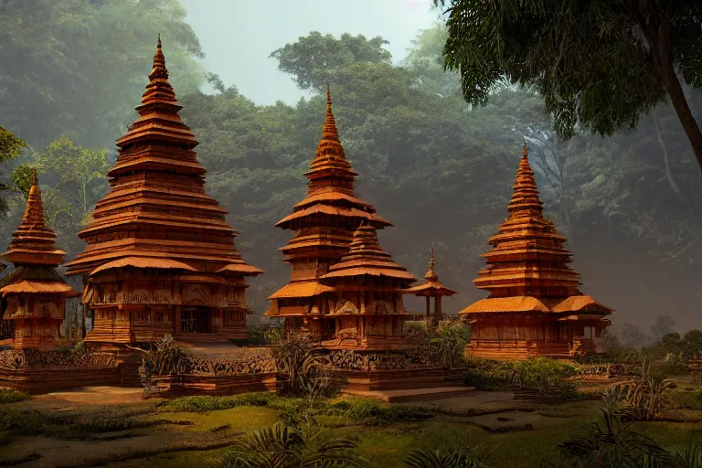 Prompt: Wooden ancient hindu city on the jungle, by Rebecca Guay and James Gurney | digital art | trending on artstation | UHD 8k CryEngine