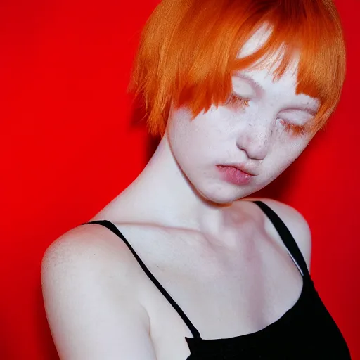 Image similar to photograph, closeup portrait of a young pale woman with short orange hair, tired eyes, wearing red flannel, flash photography, white background, indoor setting, high contrast, sharp, portra 8 0 0, photographed by terry richardson, trending on tumblr,