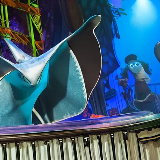 Prompt: a new shy manta ray character, in the style of the muppets, it is a manta ray character with manta ray fins, designed by beetlejuice the musical on broadway, real, photograph, cinematic