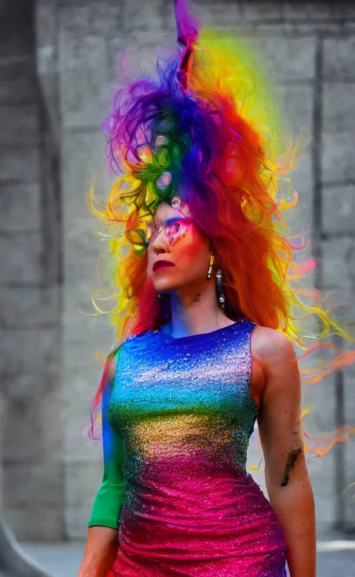 Image similar to a full shot photo of rainbow dress woman, danish angle, streets, colorful, goddess, caucasian, feminine, nighttime, daytime, glow up, realistic, 8 k, hdr, extremely detailed