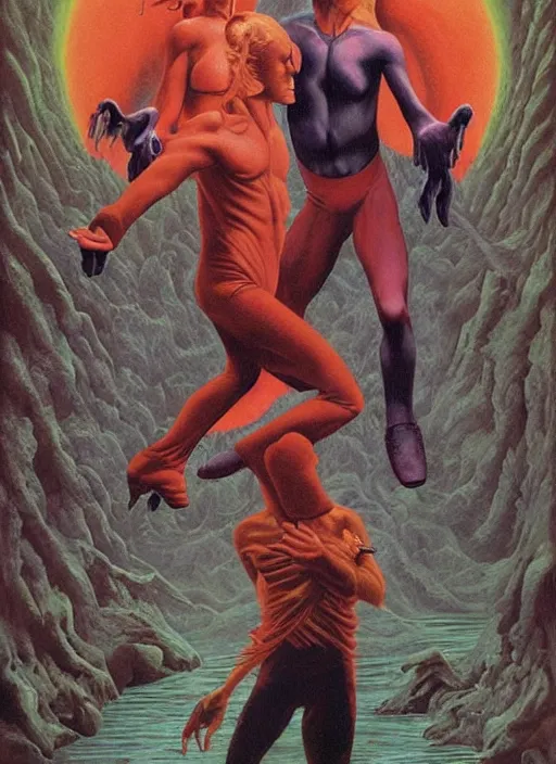 Prompt: twin peaks poster art, david bowie fighting his doppelganger gemini good and evil fantasy by, wayne barlowe, boris vallejo, aaron horkey, old retro pulp, by michael whelan, rossetti bouguereau, artgerm, nostalgic, old fashioned