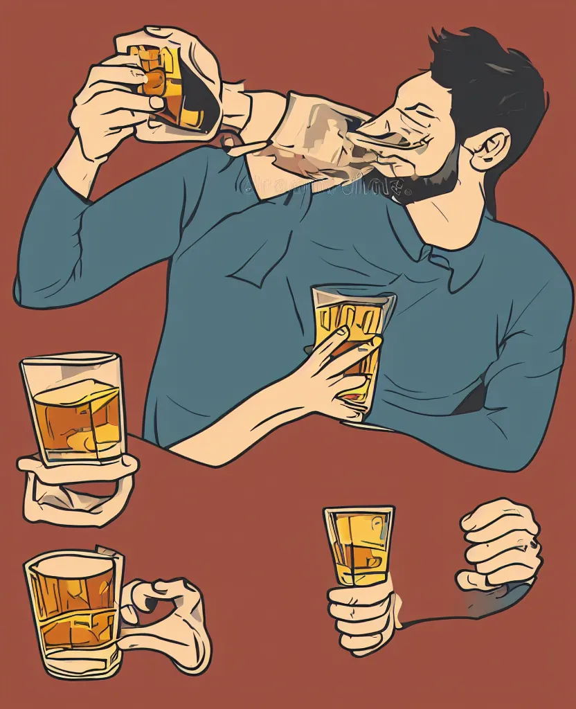 Image similar to a man drinking whiskey on his birthday, highly detailed 2 d illustration in matte colors