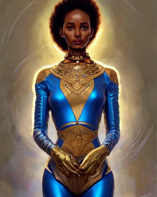 Prompt: Portrait of very very very very very very beautiful ethiopian woman, spacesuit, blue eyes, real life skin, intricate, elegant, highly detailed, artstation, concept art, smooth, sharp focus, art by artgerm and greg rutkowski and alphonse mucha