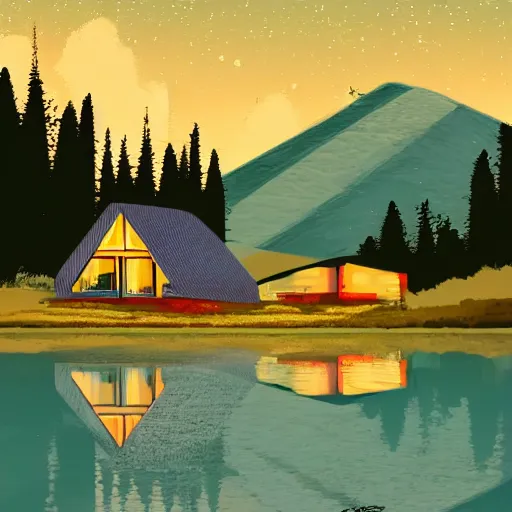 Image similar to small sci - fi cottage at the edge of a lake in the mountains, retro illustration on parchment, soft glowing windows, early evening, reflections, pine trees,