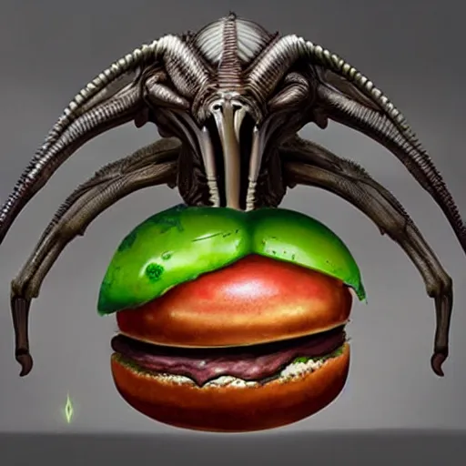 Image similar to hyper realistic hamburger as a xenomorph, painted by greg rutkowski, unreal engine, pixar,