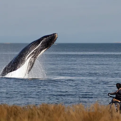 Image similar to photo of a whale riding a bicycle