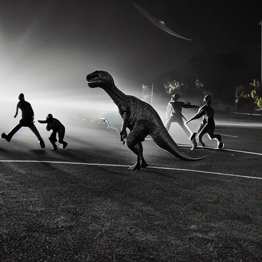 Prompt: action shot of dinosaurs playing sports while meteors streak across the sky leaving trails of fire, light fog, street lights, god rays, beautiful