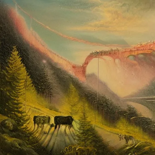 Image similar to 🌲🧙🐄🗻🌉, victorian painting