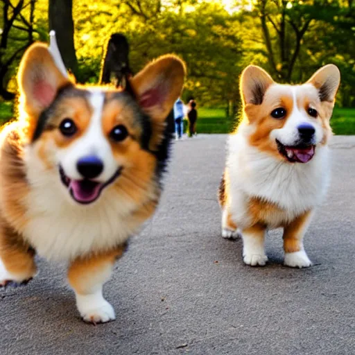 Prompt: 8k highly detailed photograph of the three most adorable Corgi Puppies playing in Central Park, golden hour,