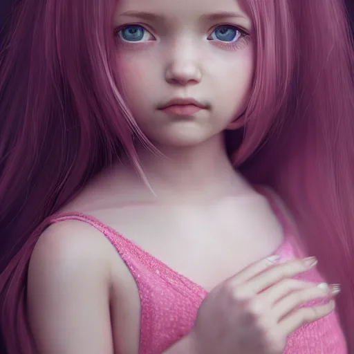 Image similar to girl with long hair and pink dress, portraits, posed, full body, instagram photo, kodak, portra, by wlop, ilya kuvshinov, krenz, cushart, pixiv, zbrush sculpt, octane render, houdini, vfx, cinematic atmosphere, 8 k, unreal engine 5, ultra detailed, photorealistic, ultra realistic