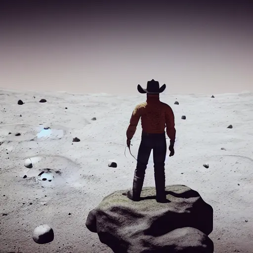 Image similar to cowboy on the moon, standing pose, planet earth background, photorealistic, octane render, blender render, unreal engine, 3 5 mm