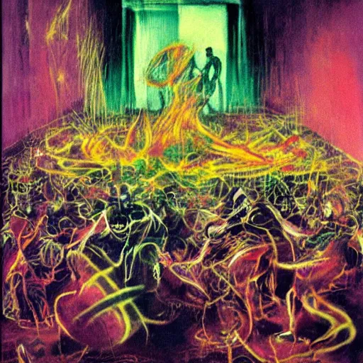 Image similar to lost souls in hell's waiting room by 2 1 st century cyber glitch francis bacon very detailed, colorful, beautiful, eerie, surreal, psychedelic