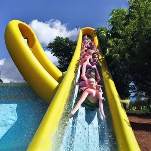 Image similar to kids coming down a waterslide in the style of pixar