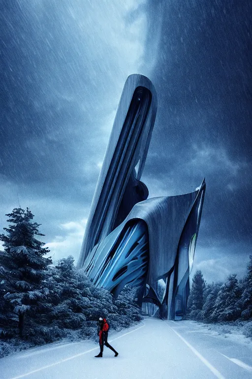 Image similar to a futuristic scene in front of a zaha hadid building in the forrest of the french alps in the style of chris moore, stormy weather, cinematic matte painting, extreme detail photo quality, dark moody colors, snowfall, featured on behance