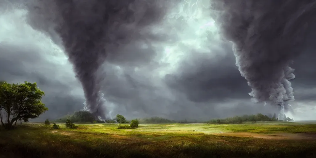 Image similar to A tornado in a beautiful scenic landscape, nature, trees, wide angle, super highly detailed, professional digital painting, artstation, concept art, smooth, sharp focus, no blur, no dof, extreme illustration, Unreal Engine 5, Photorealism, HD quality, 8k resolution, cinema 4d, 3D, beautiful, cinematic, art by artgerm and greg rutkowski and alphonse mucha and loish and WLOP