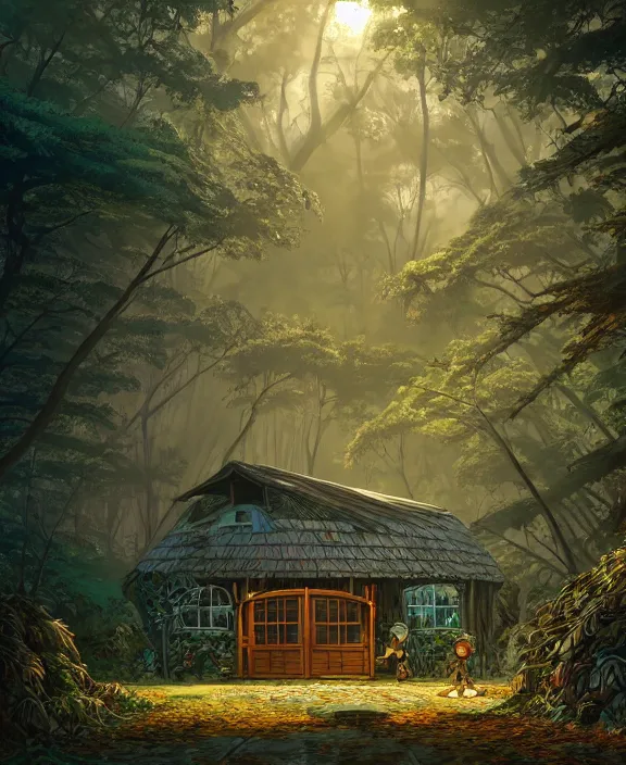 Image similar to a mammoth schoolhouse made from leaves, overgrown with huge exotic fungus, deep in the woods, noon, sun drenched, partly cloudy, by dan mumford, yusuke murata, makoto shinkai, ross tran, cinematic, unreal engine, cel shaded, featured on artstation, pixiv