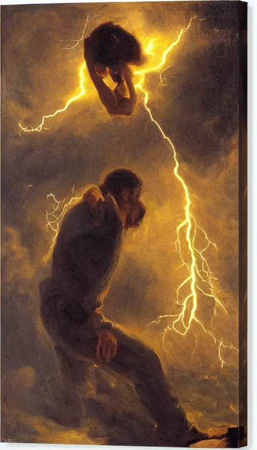 Prompt: still life painting of man getting struck by lightning, by Peder Krøyer, golden hour, dramatic lighting, epic, gargantuan, intricate detail, canvas print