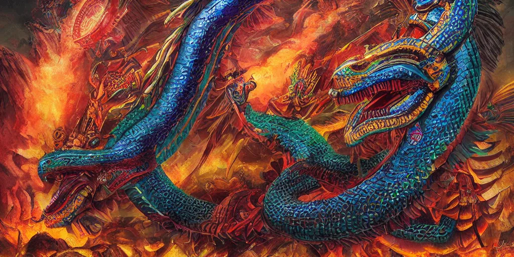 Image similar to Quetzalcoatl  the feathered serpent deity of ancient Mesoamerica by Liam Wong and Boris Vallejo