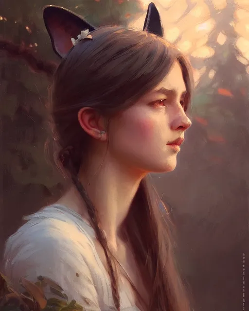 Image similar to a potrait of a girl with small tiger ears, fine details. night setting. realistic shaded lighting poster by craig mullism, artgerm, jeremy lipkin and michael garmash, unreal engine, radiant light, detailed and intricate environment, digital art, trending on art station