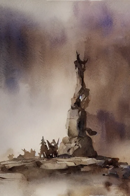 Image similar to abstract watercolor painting of viking monument, in stone and wood, magical and traditional, cinematic light, national romanticism by anders zorn