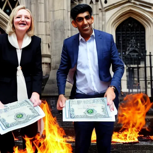 Image similar to Liz truss and Rishi sunak at parliament burning piles of money. Daily Telegraph.