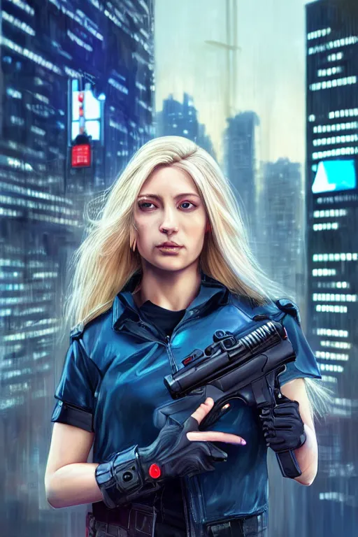 Image similar to blonde haired female lady wearing tech wear with a gun holster looking at a bank in a cyberpunk city full of high rise buildings and neon signs by Daniel F. Gerhartz, hyperrealistic oil painting, 4k, very detailed faces, studio lightning, hard focus, beautiful volumetric lighting, epic light, ultra detailed