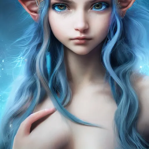 Prompt: centered detailed portrait of a extremely beautiful aesthetic young cat girl and elves hybrid, symmetrical, long blue wavy hair, sharp focus on the eyes, final fantasy, details, intricate, octane render, smooth face, illustration, fairy lighting, hyperrealistic, by wlop and dmitry prozorov, artgerm, artstation, award winning, - hands