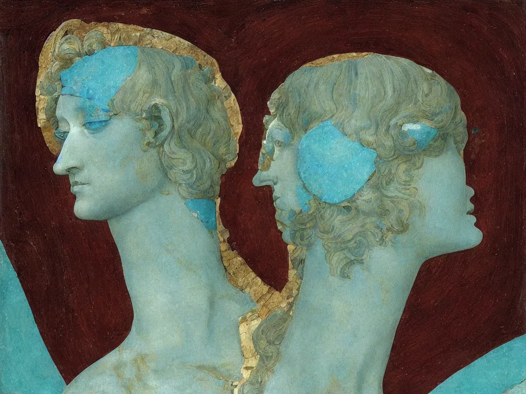 Image similar to marble greek sculpture head of the godess of the future with inlaid crystal eye. lapis - lazuli, turquoise, malachite, cinnabar, earth brown. painting by piero della francesca, balthus, agnes pelton