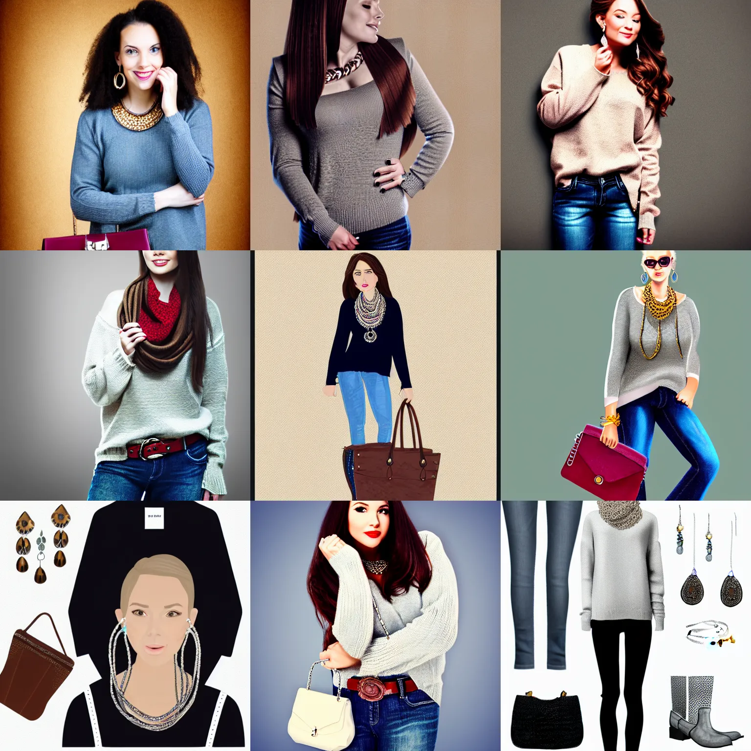 Prompt: portrait of pretty girl with wearing a sweater, jeans, boots, a purse, a silver necklace and earrings, concept art