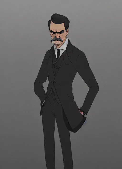 Prompt: Friedrich Nietzsche with a chiseled Jawline and serious Look, in his suit, in the Style of Atey Ghailan and Artgerm and Mike Mignola, beautiful colors, hard shadows, rim light, plain background, trending on artstation