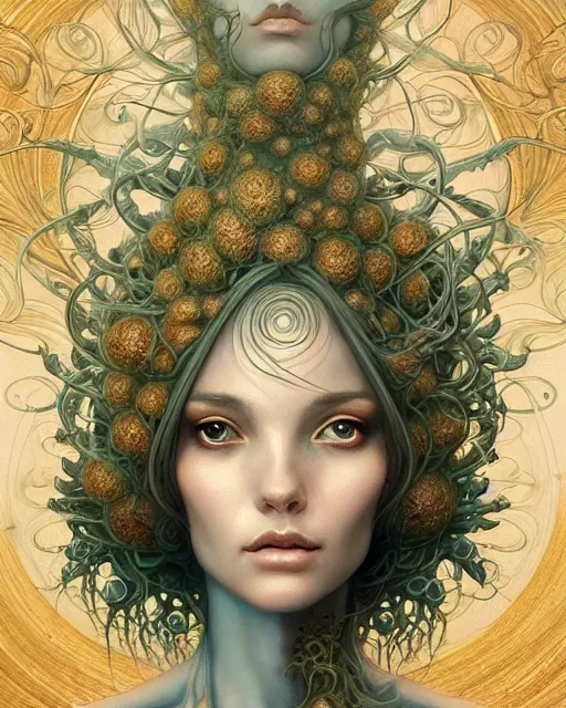 Image similar to centered beautiful detailed front view portrait of a woman with ornate growing around, ornamentation, flowers, elegant, beautifully soft lit, golden ratio, full frame, by wayne barlowe, peter mohrbacher, kelly mckernan,