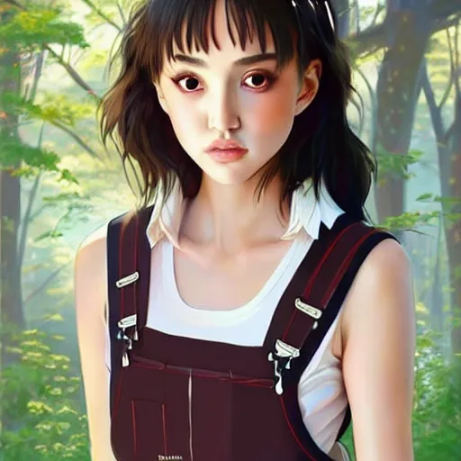 Image similar to a beautiful young japanese natalie portman alluring gravure model, wearing elegant designer overalls, elegant overalls with mesoamerican patterns, mesoamerican native street fashion, princess mononoke, by and wlop and ilya kuvshinov and artgerm and, aesthetic, gorgeous, stunning, alluring, attractive, artstation, pinterest, digital art