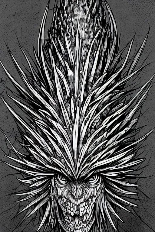 Image similar to thistle monster heavily armoured, symmetrical, highly detailed, digital art, needles, thorns, sharp focus, trending on art station, kentaro miura manga art style