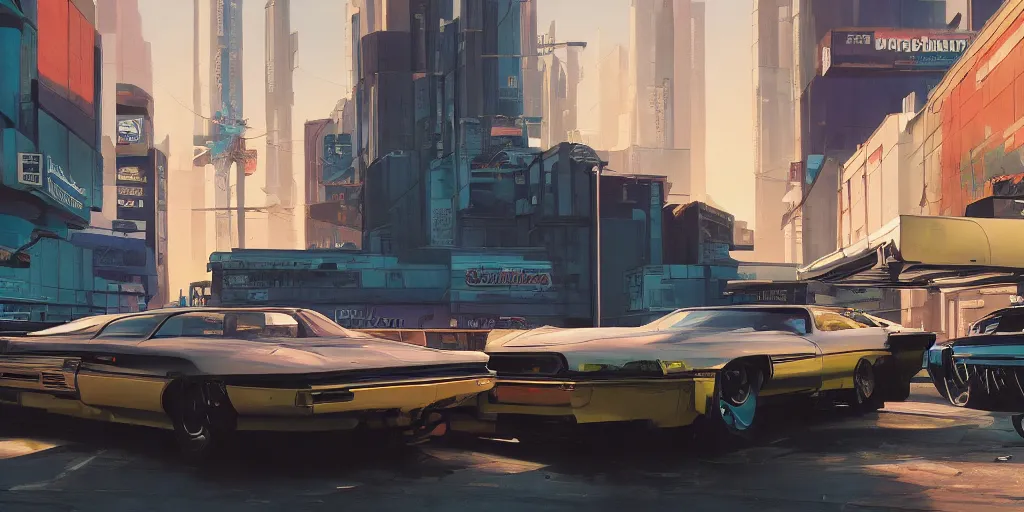 Image similar to art style by Ben Aronson and Edward Hopper and Syd Mead, wide shot view of the Cyberpunk 2077, on ground level. full view of the hybrid design any two cars from 1980's, with wide body kit modification and dark pearlescent holographic paint.