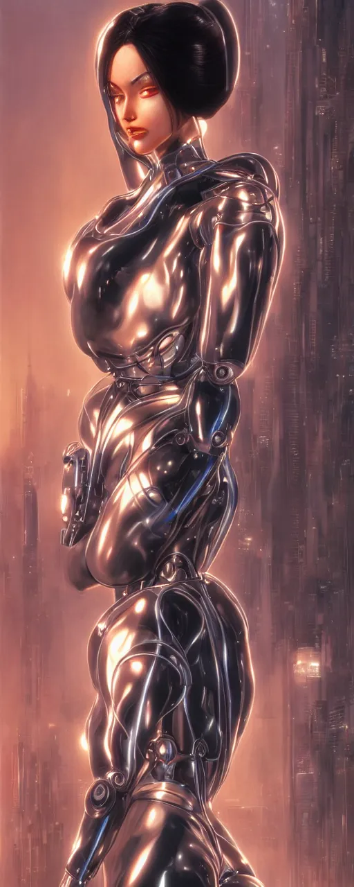 Prompt: beauty alita woman, futuristic mechanical, cyberpunk, dramatic lighting, lots of cables and wiring, electrical details, trending on artstation, by Hajime Sorayama and Boris Vallejo