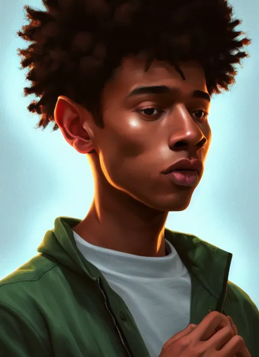 Image similar to portrait of chuck clayton, lightskin black teenage boy, very short curly hair, very short hair, short hair, strong jawline, square jaw, slight smile, reading archie comic, intricate, elegant, glowing lights, highly detailed, digital painting, artstation, concept art, smooth, sharp focus, illustration, art by wlop, mars ravelo and greg rutkowski